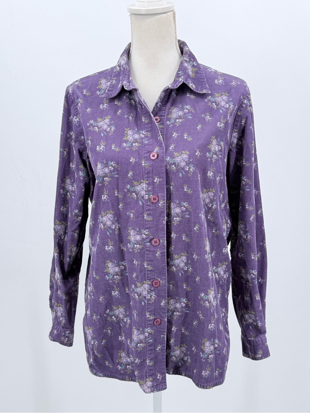 Blair Floral Corduroy Shirt Women M Purple 100% Cotton Long Sleeve Button Up